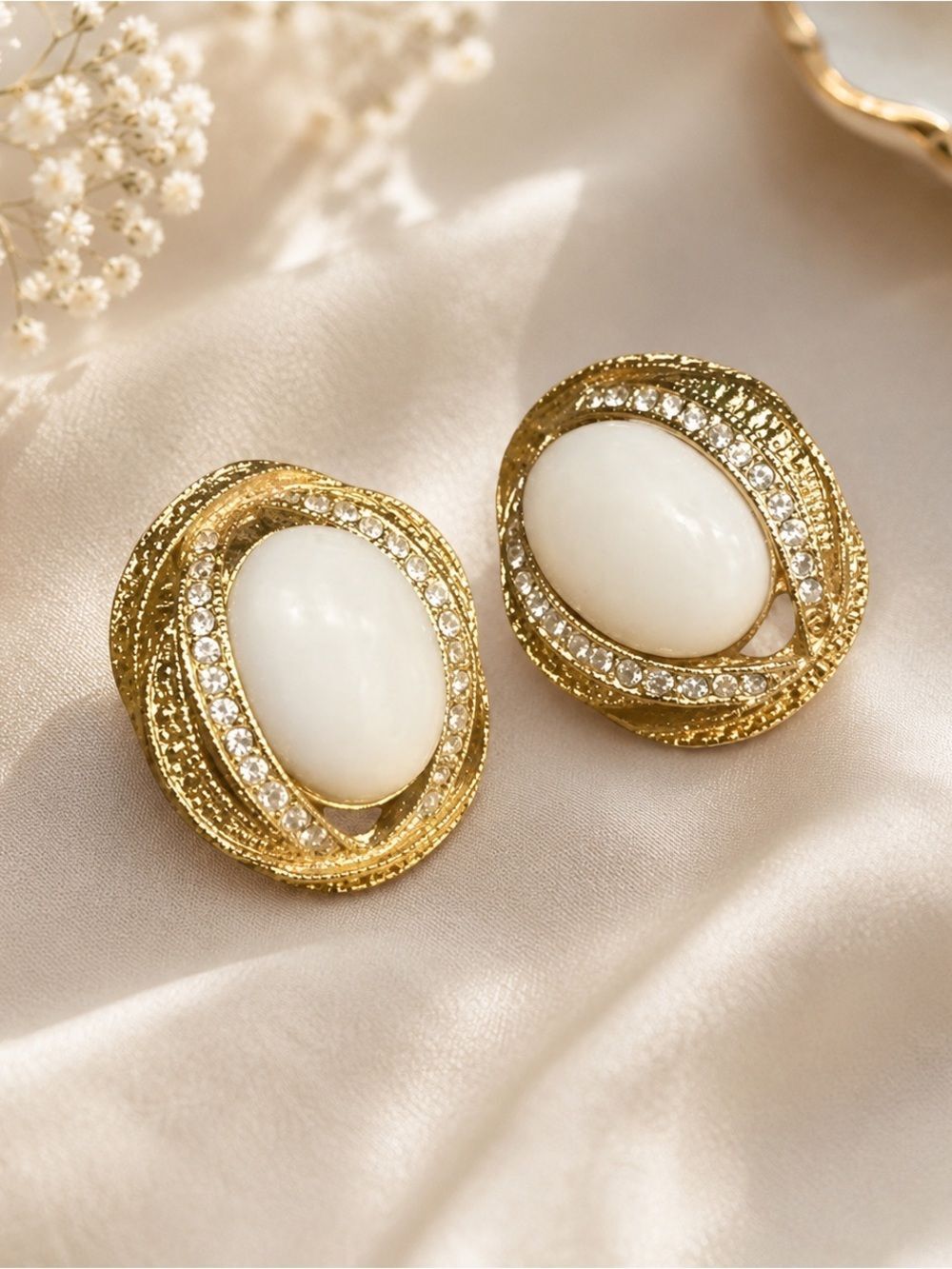 Gold Tone White Cabochon Statement Earrings Rhinestone Halo Retro Glam